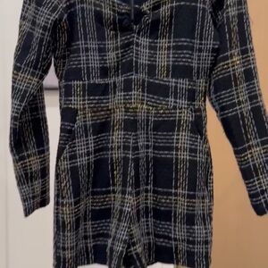 Slate & Willow Black Plaid Long Sleeve Romper with Gold Accents